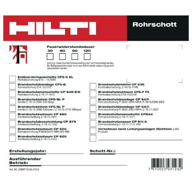 Original HILTI Ausführungsschild Brandschutz mit QR-Code, verschiedene Ausführungen